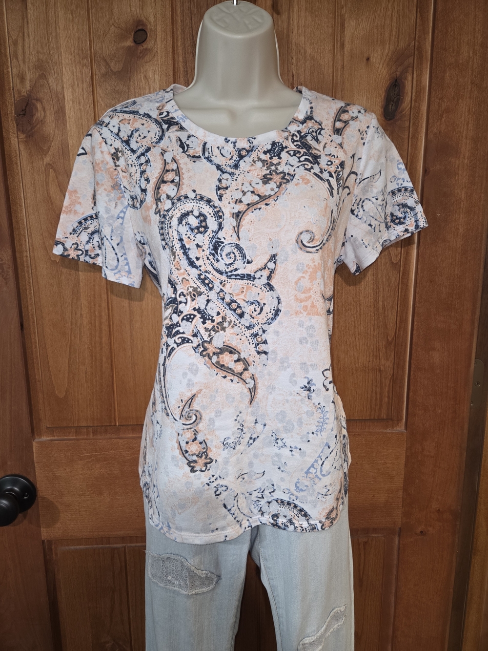 Christopher & Banks Peach and Navy Paisley Short Sleeve Tee